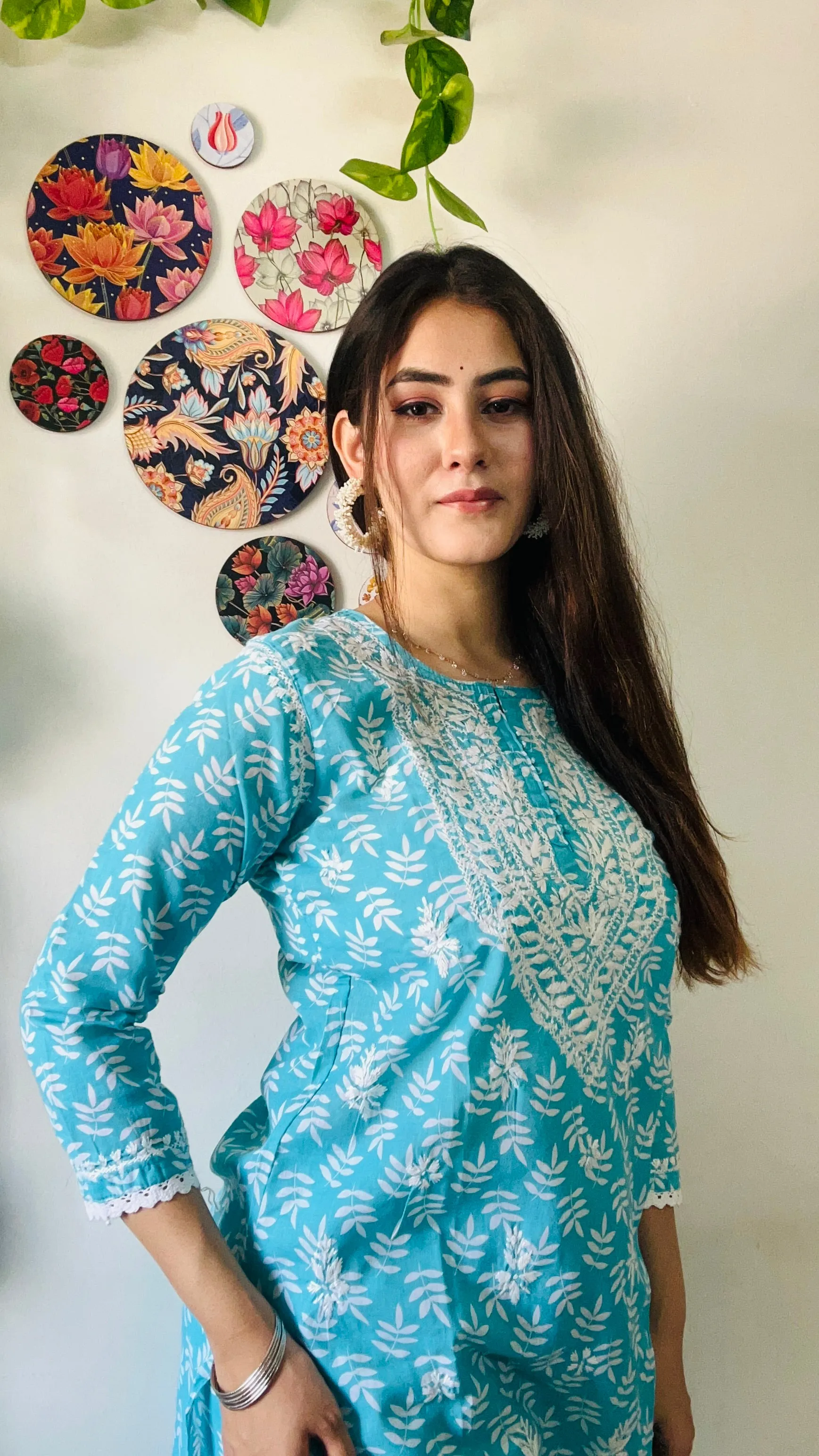 Sky Blue Floral Lucknowi Cotton Chikankari Sharara Set