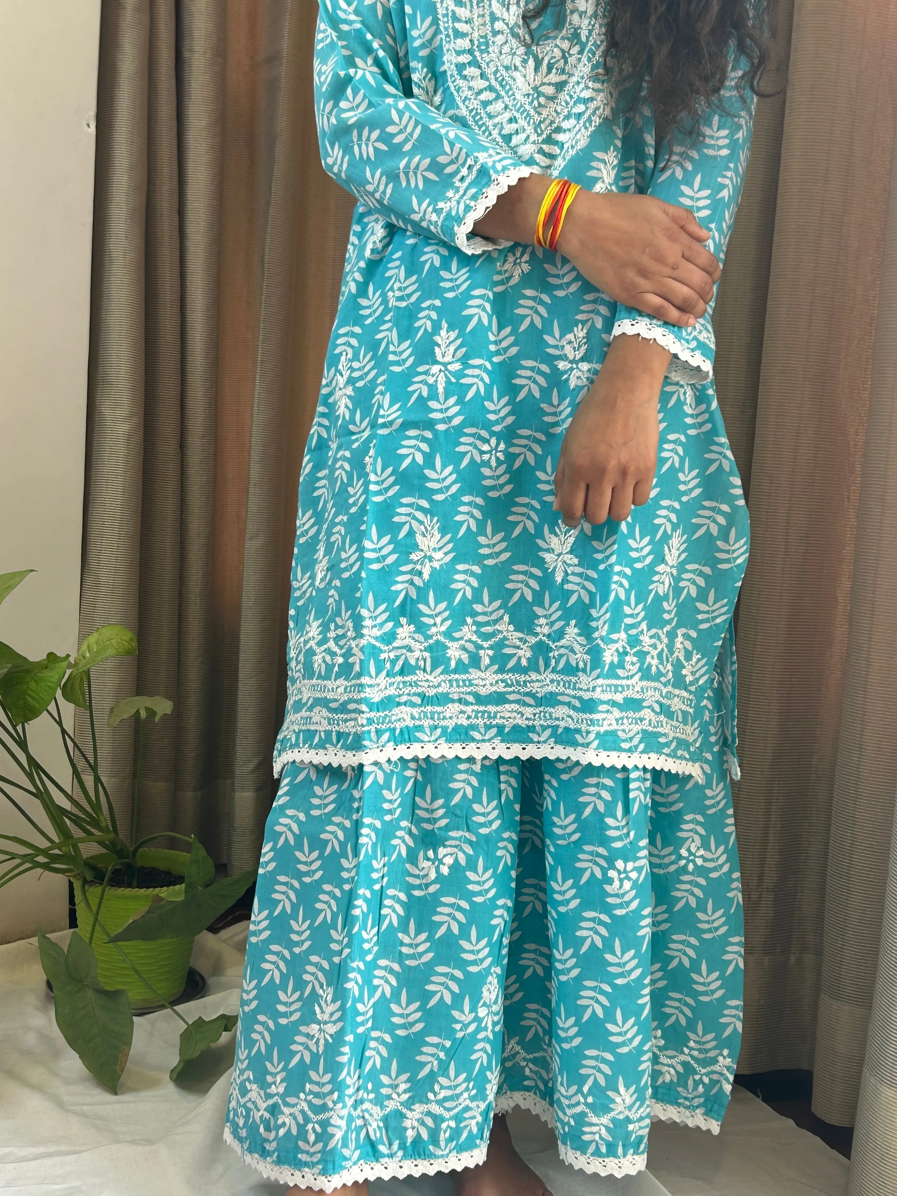 Sky Blue Floral Lucknowi Cotton Chikankari Sharara Set