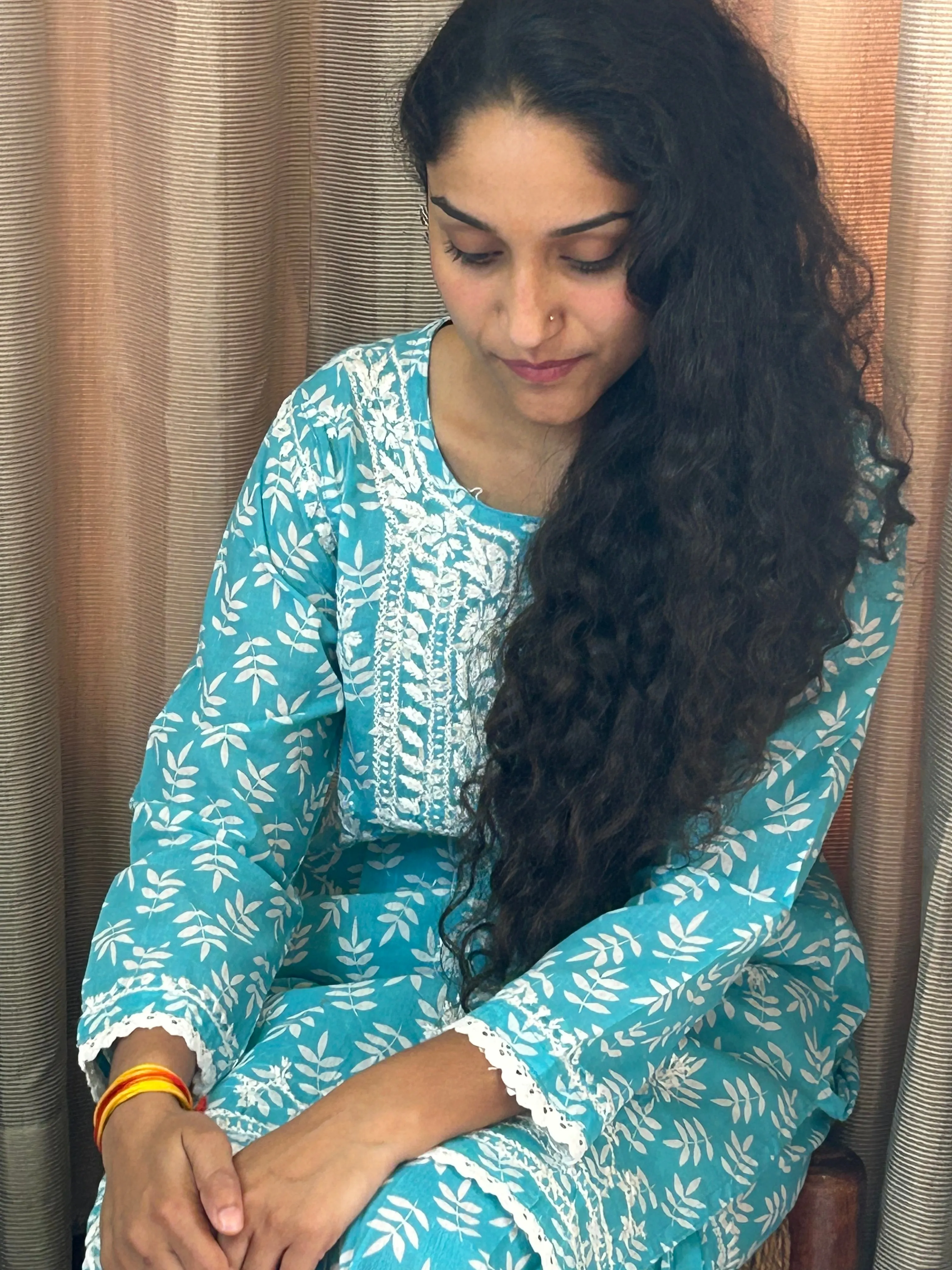 Sky Blue Floral Lucknowi Cotton Chikankari Sharara Set