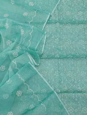 Sky Blue Hand Embroided Kota Doria Suit With Dupatta