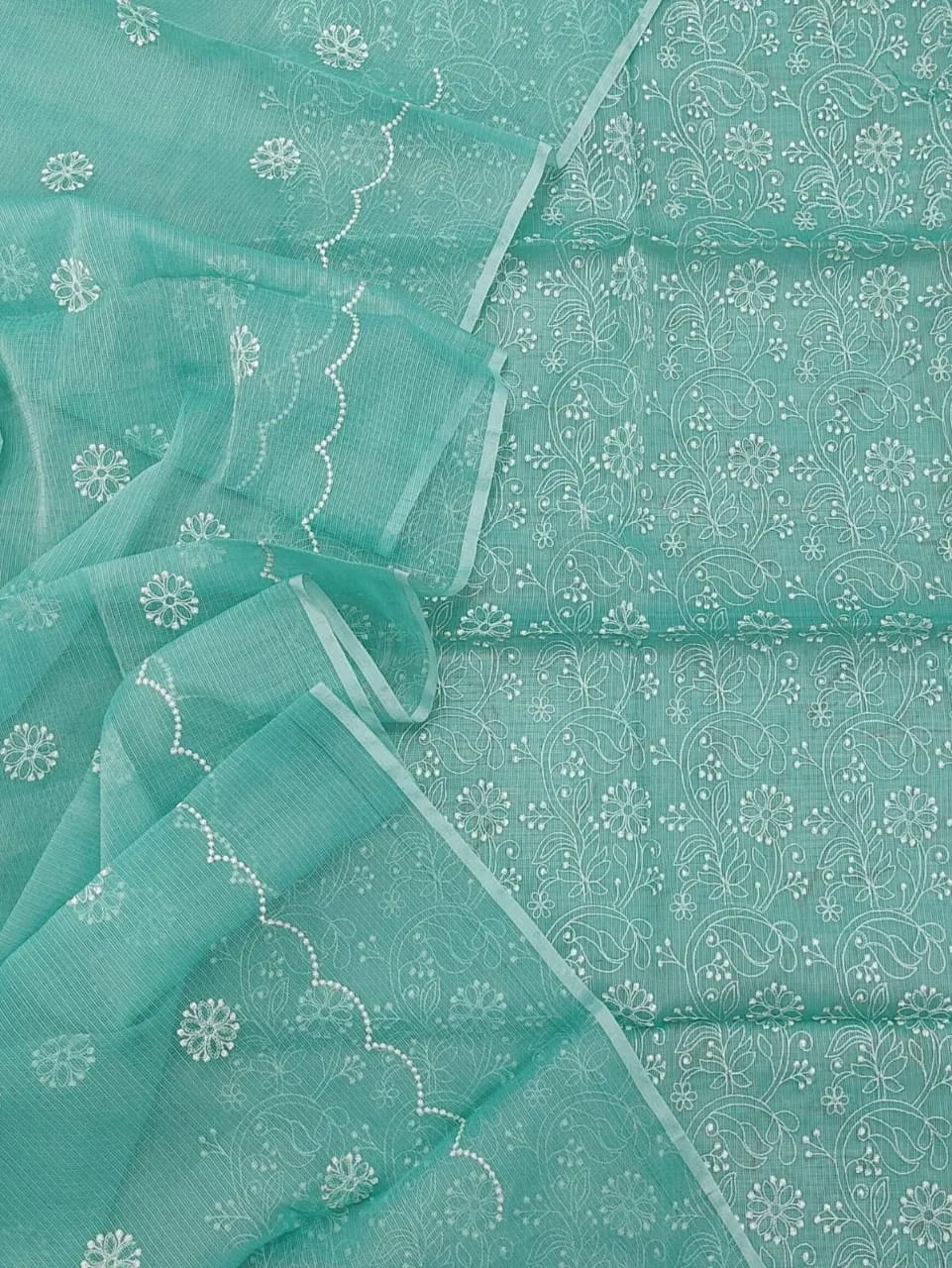 Sky Blue Hand Embroided Kota Doria Suit With Dupatta