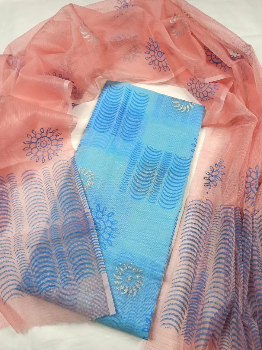 Sky Blue Peach Kota Doria Hand Block Print Suit