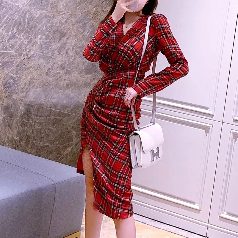 Slim Draped Irregular Hemline Slit Knee Length Dress