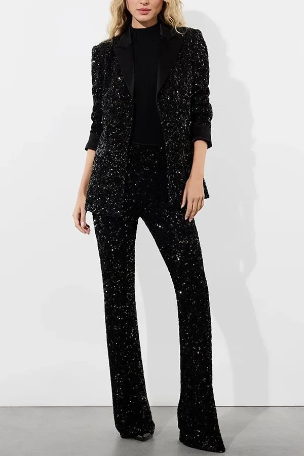 Sparkle Season Sequin High Rise Elastic Waist Stretch Flare Party Pants