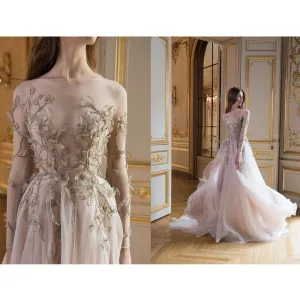 Spring Fairy Long Evening Gowns Illusion Long Sleeve Appliqued Tulle Elegant Prom Party Dress Slash Neck Long Formal Dress