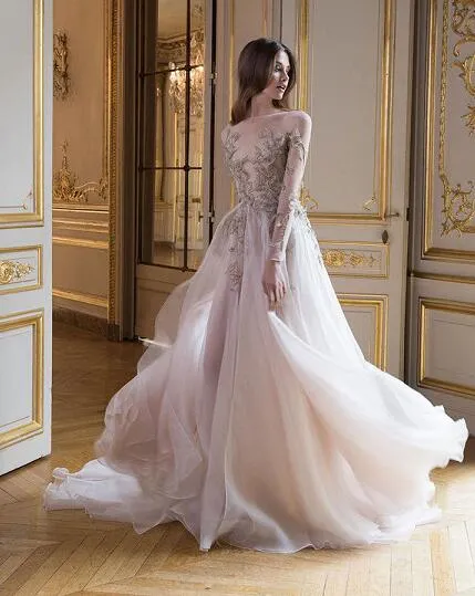 Spring Fairy Long Evening Gowns Illusion Long Sleeve Appliqued Tulle Elegant Prom Party Dress Slash Neck Long Formal Dress