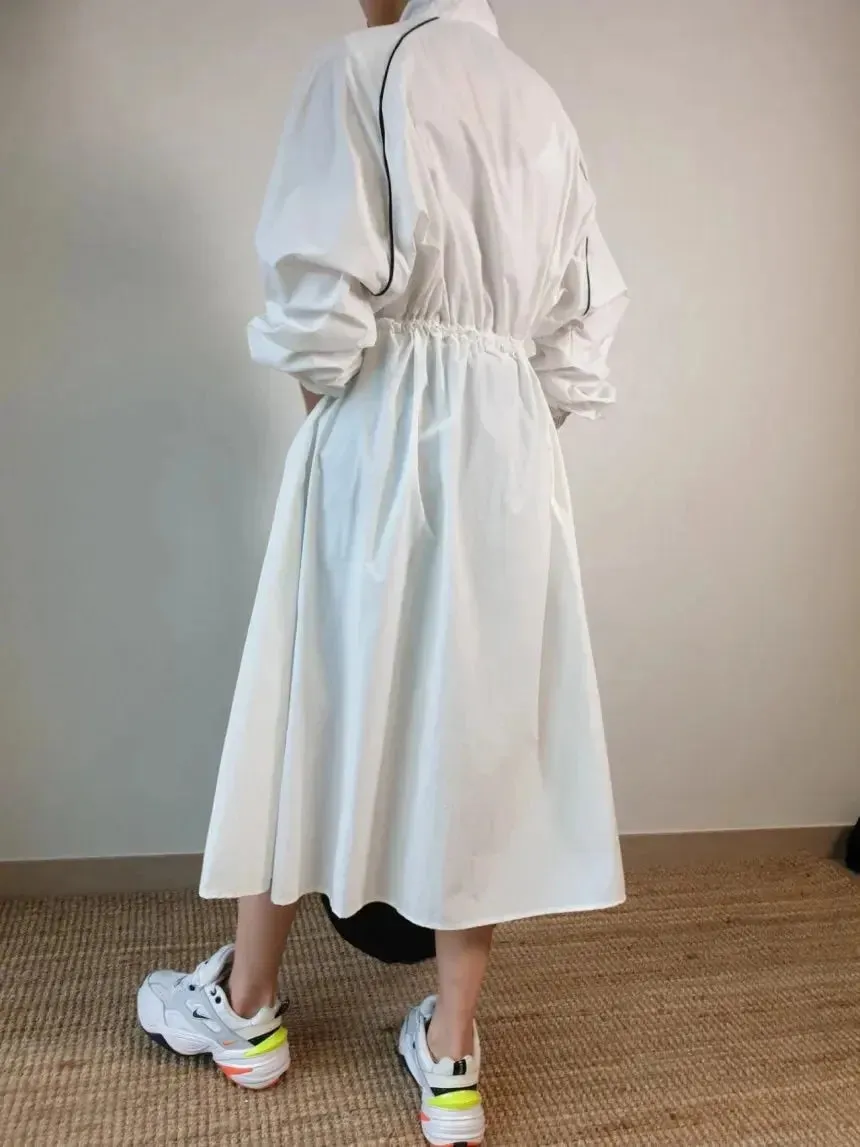 Stand-up Collar Puff Sleeve Buckle Design Dress