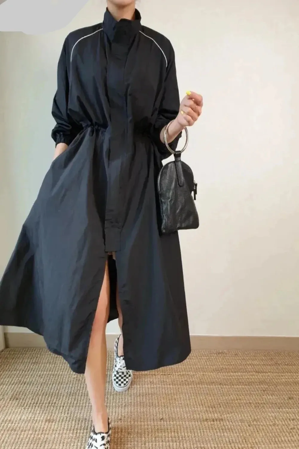 Stand-up Collar Puff Sleeve Buckle Design Dress