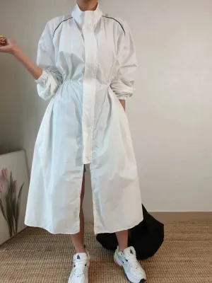Stand-up Collar Puff Sleeve Buckle Design Dress