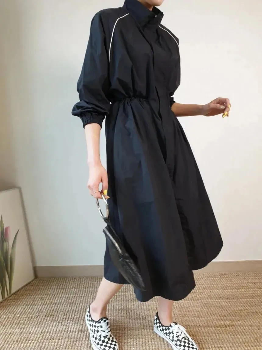 Stand-up Collar Puff Sleeve Buckle Design Dress