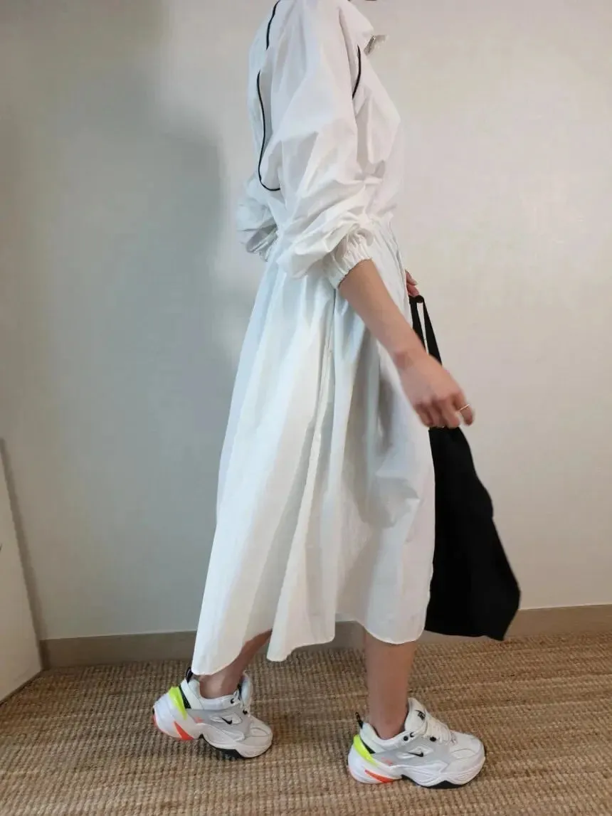 Stand-up Collar Puff Sleeve Buckle Design Dress