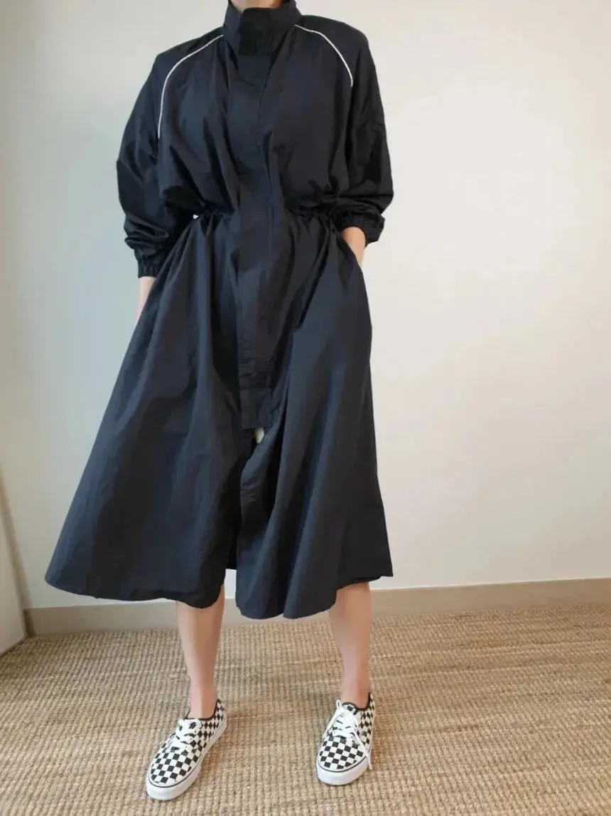 Stand-up Collar Puff Sleeve Buckle Design Dress