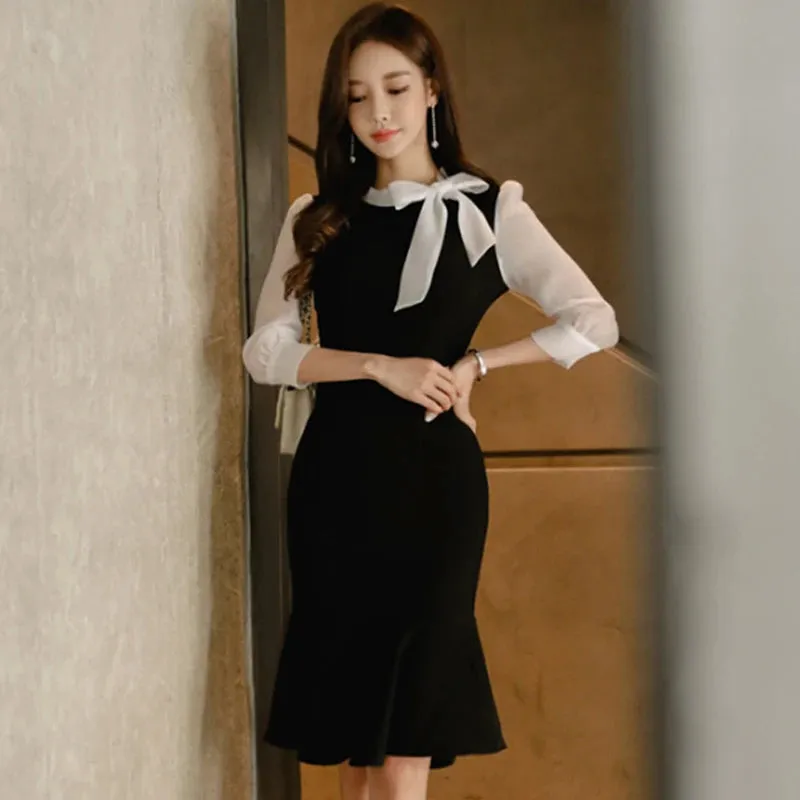 Stitched Bow Tie Seven-Point Sleeve Temperament Bag Hip Fishtail Dress