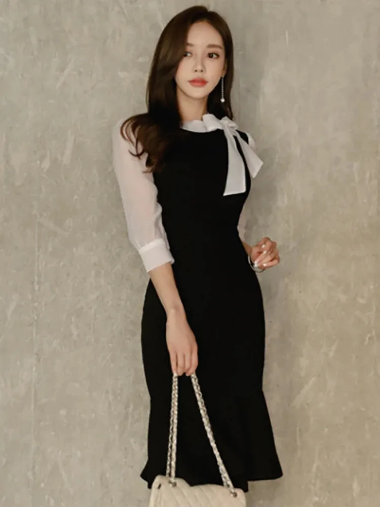 Stitched Bow Tie Seven-Point Sleeve Temperament Bag Hip Fishtail Dress