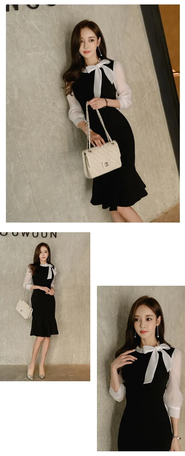 Stitched Bow Tie Seven-Point Sleeve Temperament Bag Hip Fishtail Dress