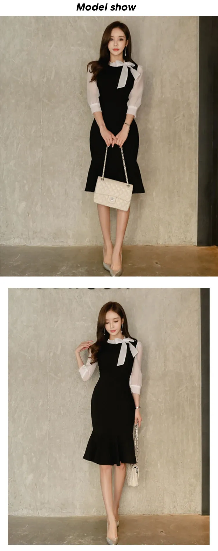 Stitched Bow Tie Seven-Point Sleeve Temperament Bag Hip Fishtail Dress