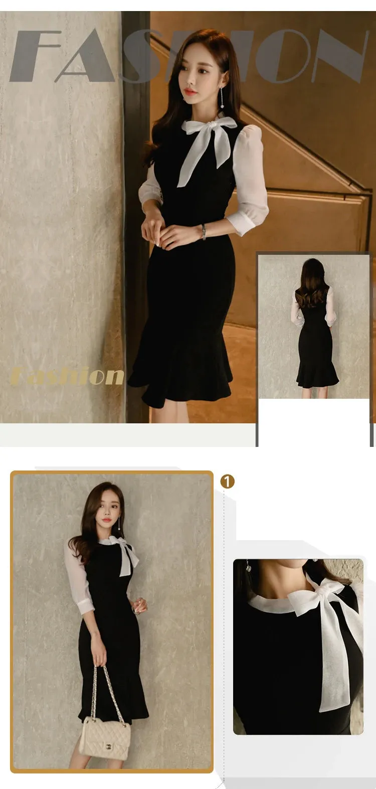 Stitched Bow Tie Seven-Point Sleeve Temperament Bag Hip Fishtail Dress