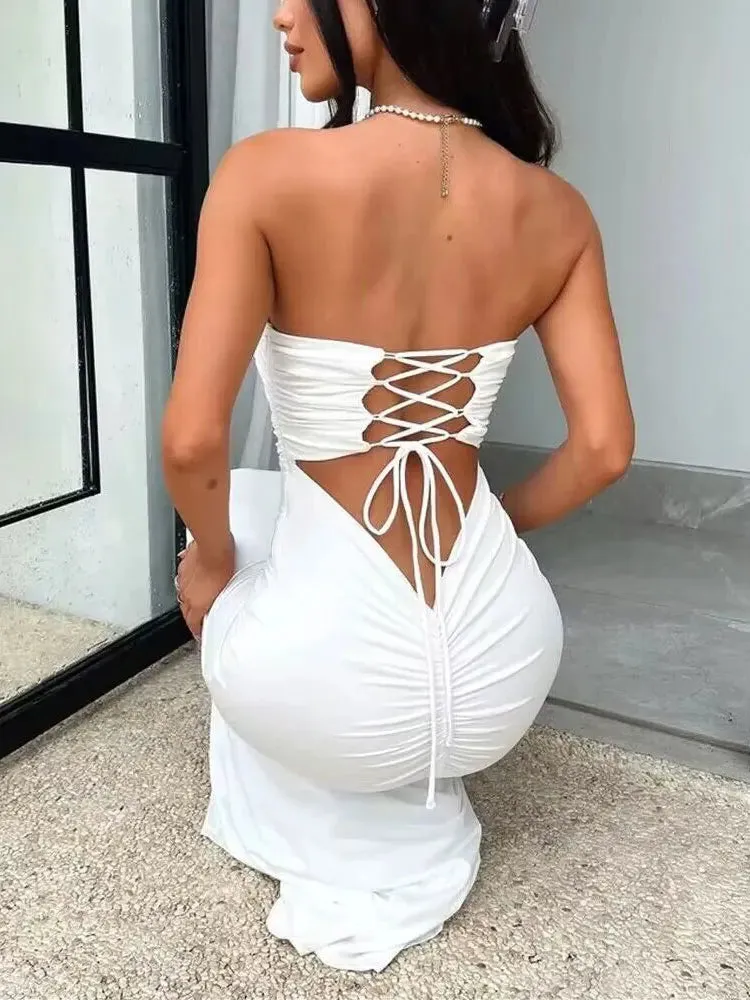 Strapless Backless Lace-Up Maxi Dress Spring Summer Off-Shoulder Sleeveless Sexy Bodycon Club Party Long Dress
