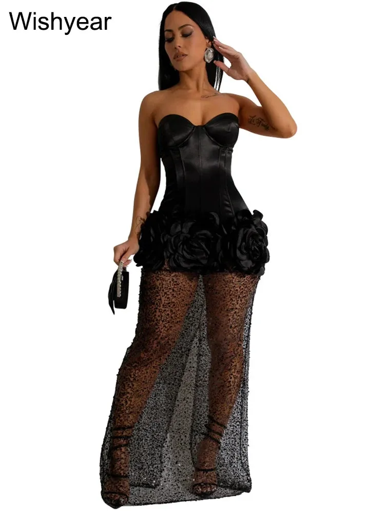 Strapless Mesh Stain 3D-Flower Sequin Off Shoulder Rear Split Long Dress Sexy Party Club Luxury Dress