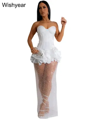 Strapless Mesh Stain 3D-Flower Sequin Off Shoulder Rear Split Long Dress Sexy Party Club Luxury Dress