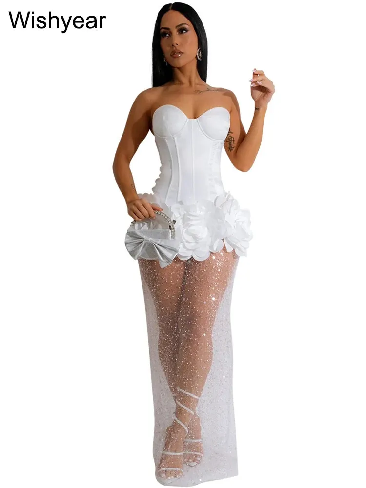 Strapless Mesh Stain 3D-Flower Sequin Off Shoulder Rear Split Long Dress Sexy Party Club Luxury Dress