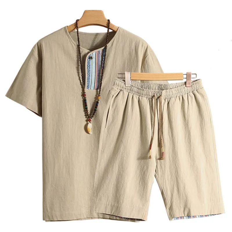 Summer Fashion Men's Cotton and Linen Short Sleeve Shorts Set Suit Tracksuit