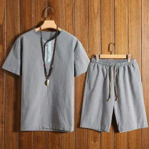 Summer Fashion Men's Cotton and Linen Short Sleeve Shorts Set Suit Tracksuit