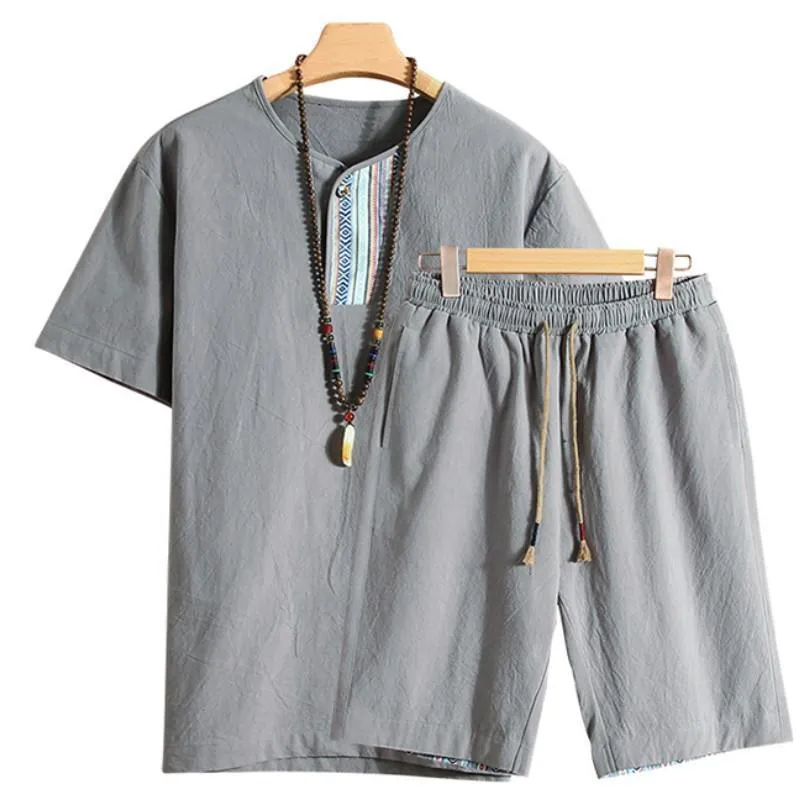 Summer Fashion Men's Cotton and Linen Short Sleeve Shorts Set Suit Tracksuit