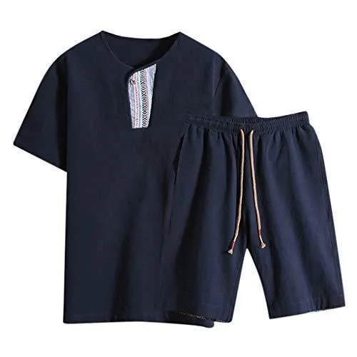 Summer Fashion Men's Cotton and Linen Short Sleeve Shorts Set Suit Tracksuit
