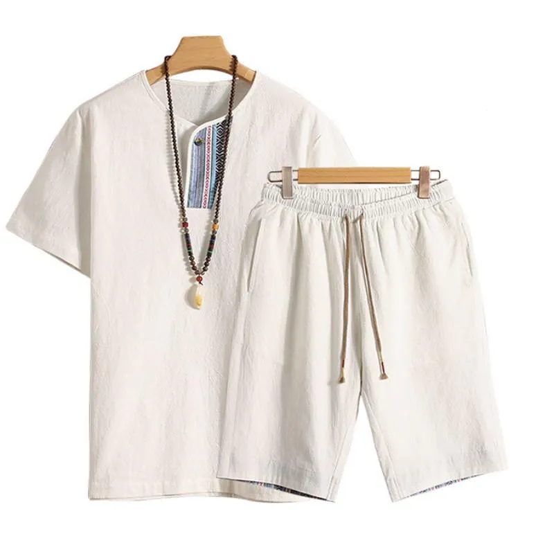 Summer Fashion Men's Cotton and Linen Short Sleeve Shorts Set Suit Tracksuit