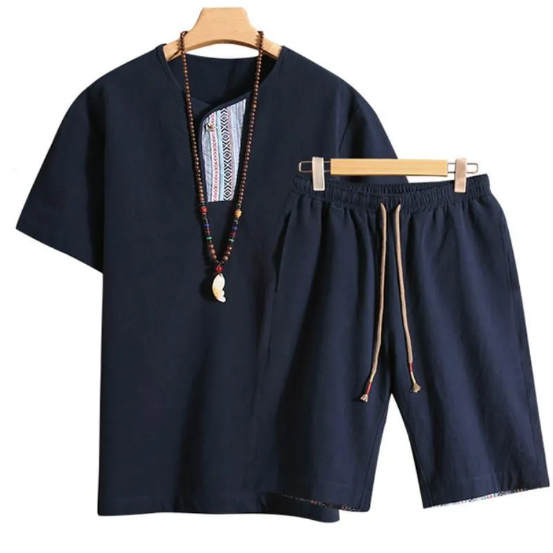 Summer Fashion Men's Cotton and Linen Short Sleeve Shorts Set Suit Tracksuit