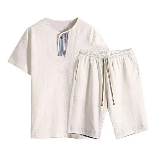 Summer Fashion Men's Cotton and Linen Short Sleeve Shorts Set Suit Tracksuit