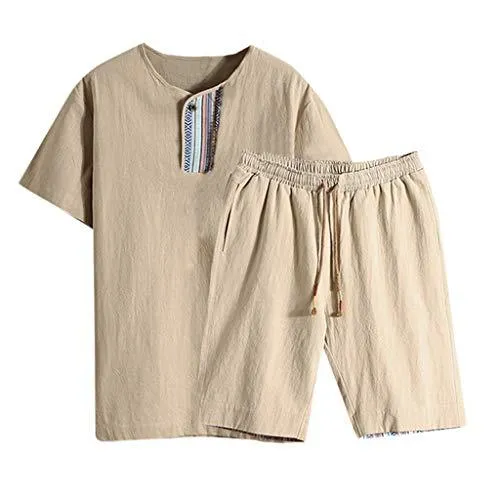 Summer Fashion Men's Cotton and Linen Short Sleeve Shorts Set Suit Tracksuit