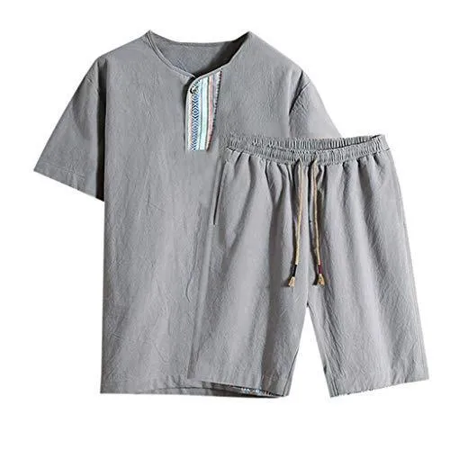 Summer Fashion Men's Cotton and Linen Short Sleeve Shorts Set Suit Tracksuit