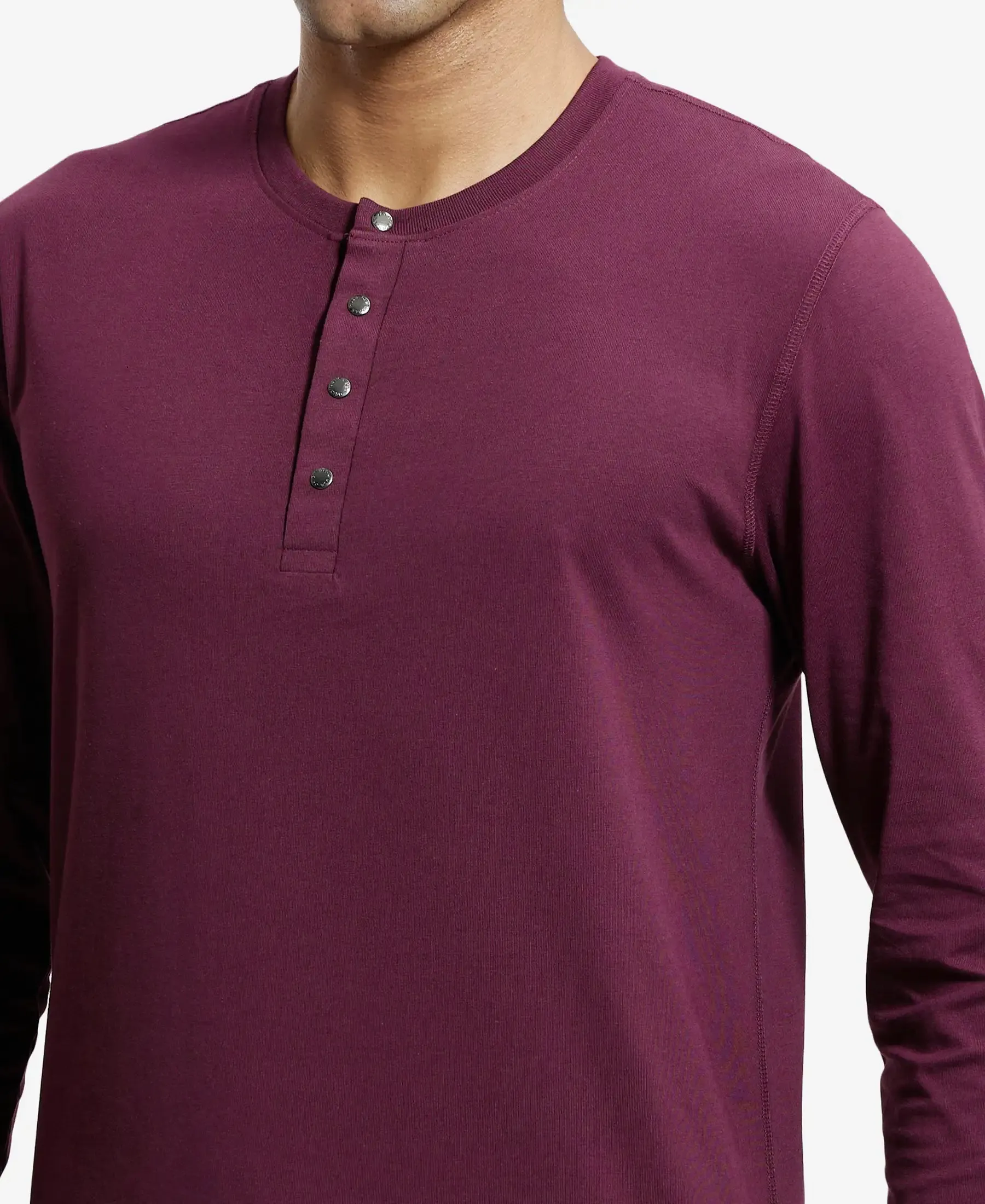 Super Combed Cotton Rich Solid Full Sleeve Henley T-Shirt - Wine Tasting