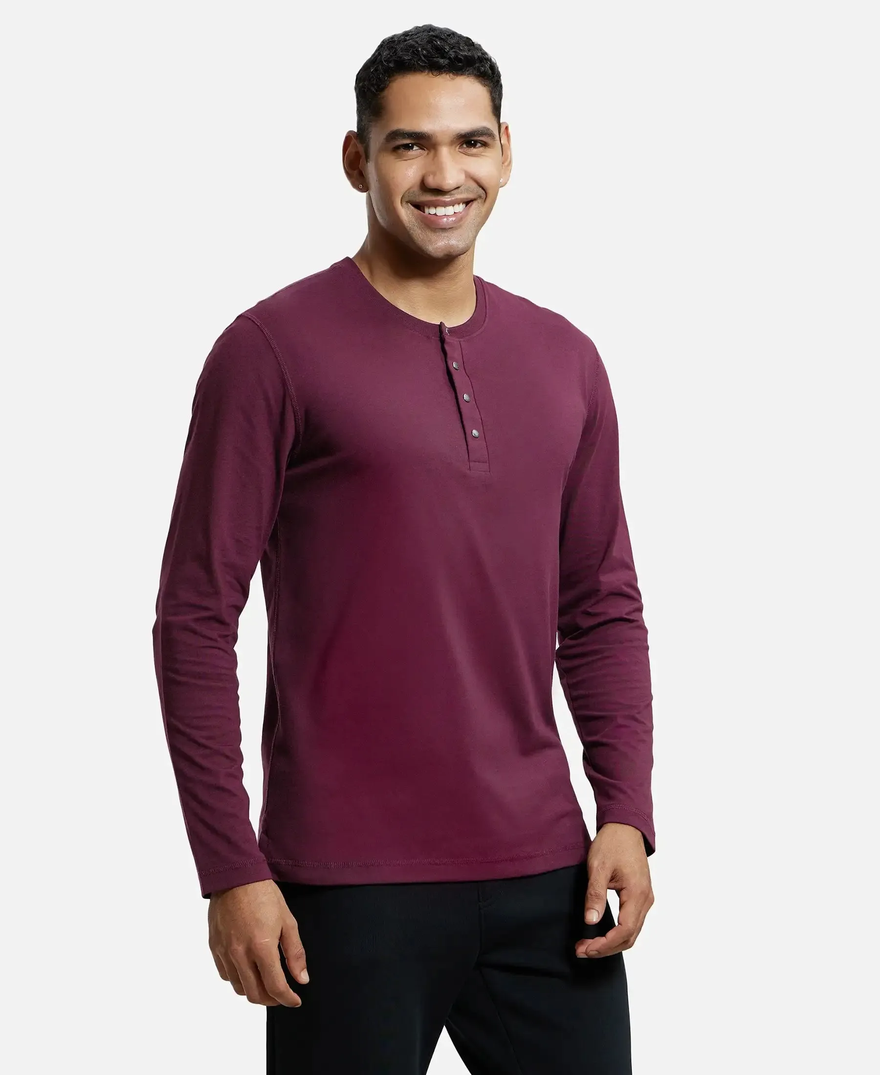 Super Combed Cotton Rich Solid Full Sleeve Henley T-Shirt - Wine Tasting