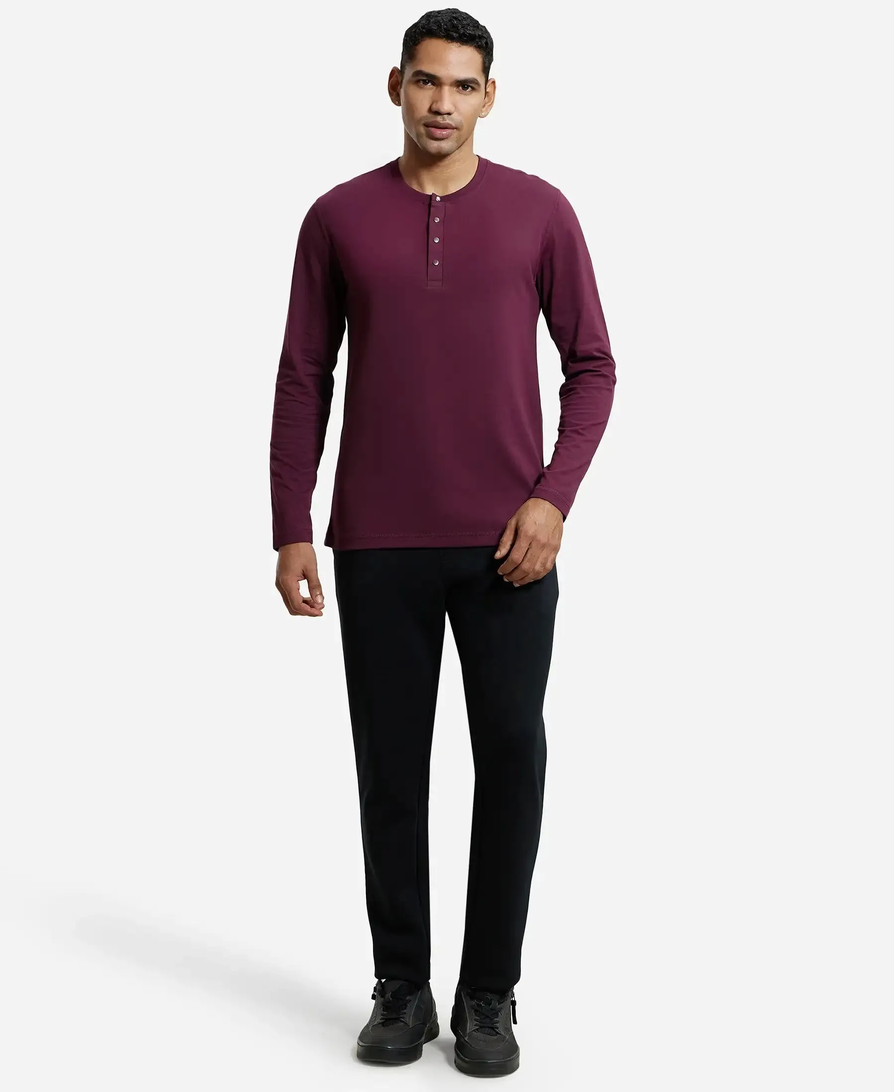 Super Combed Cotton Rich Solid Full Sleeve Henley T-Shirt - Wine Tasting