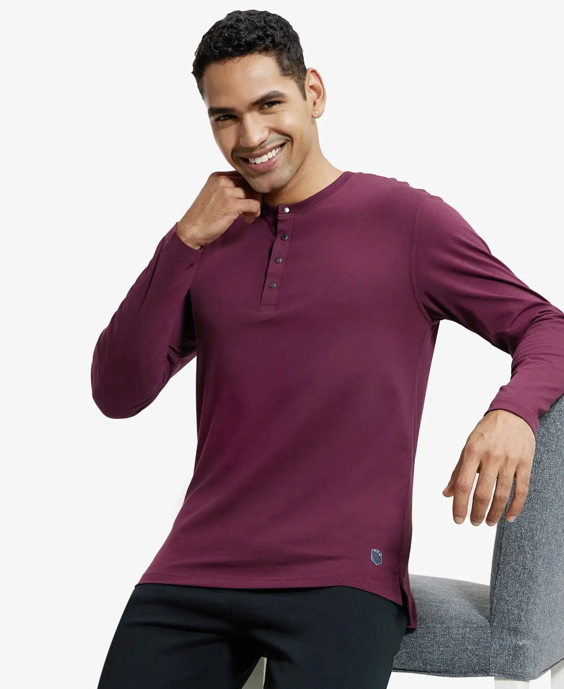 Super Combed Cotton Rich Solid Full Sleeve Henley T-Shirt - Wine Tasting