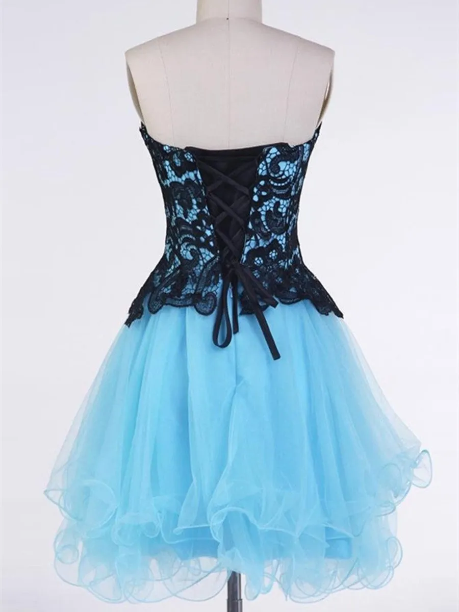 Sweetheart Neck Backless Short Blue Prom Dress with Black Lace Flower, Short Blue Homecoming Dress, Graduation Dress