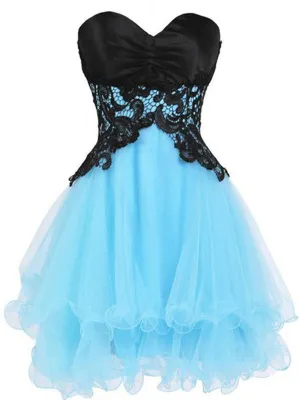 Sweetheart Neck Backless Short Blue Prom Dress with Black Lace Flower, Short Blue Homecoming Dress, Graduation Dress