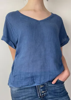 TALIA BENSON Italian Linen T-Shirt With Band One Size - Blue Denim