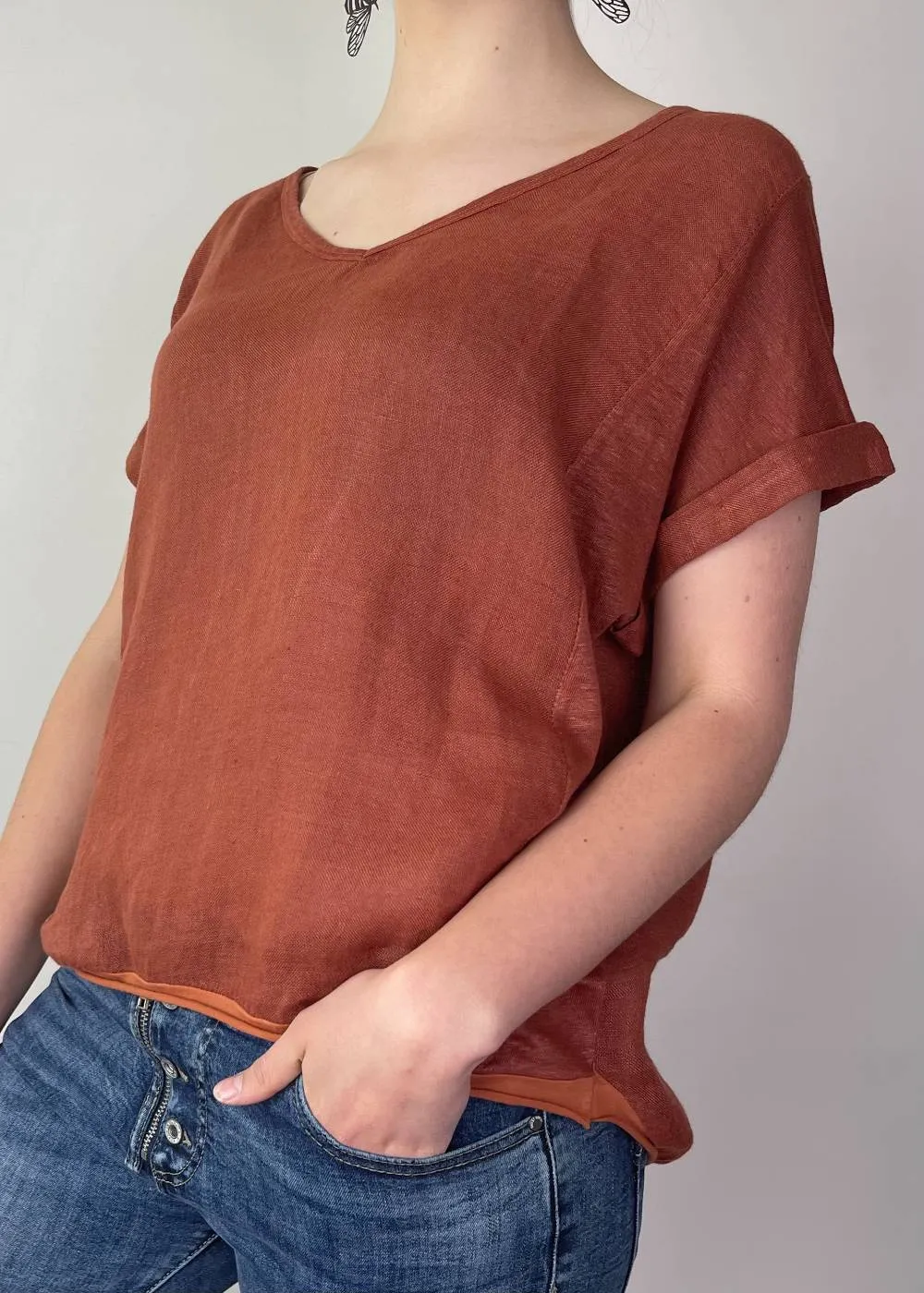 TALIA BENSON Italian Linen T-Shirt With Band One Size - Brique