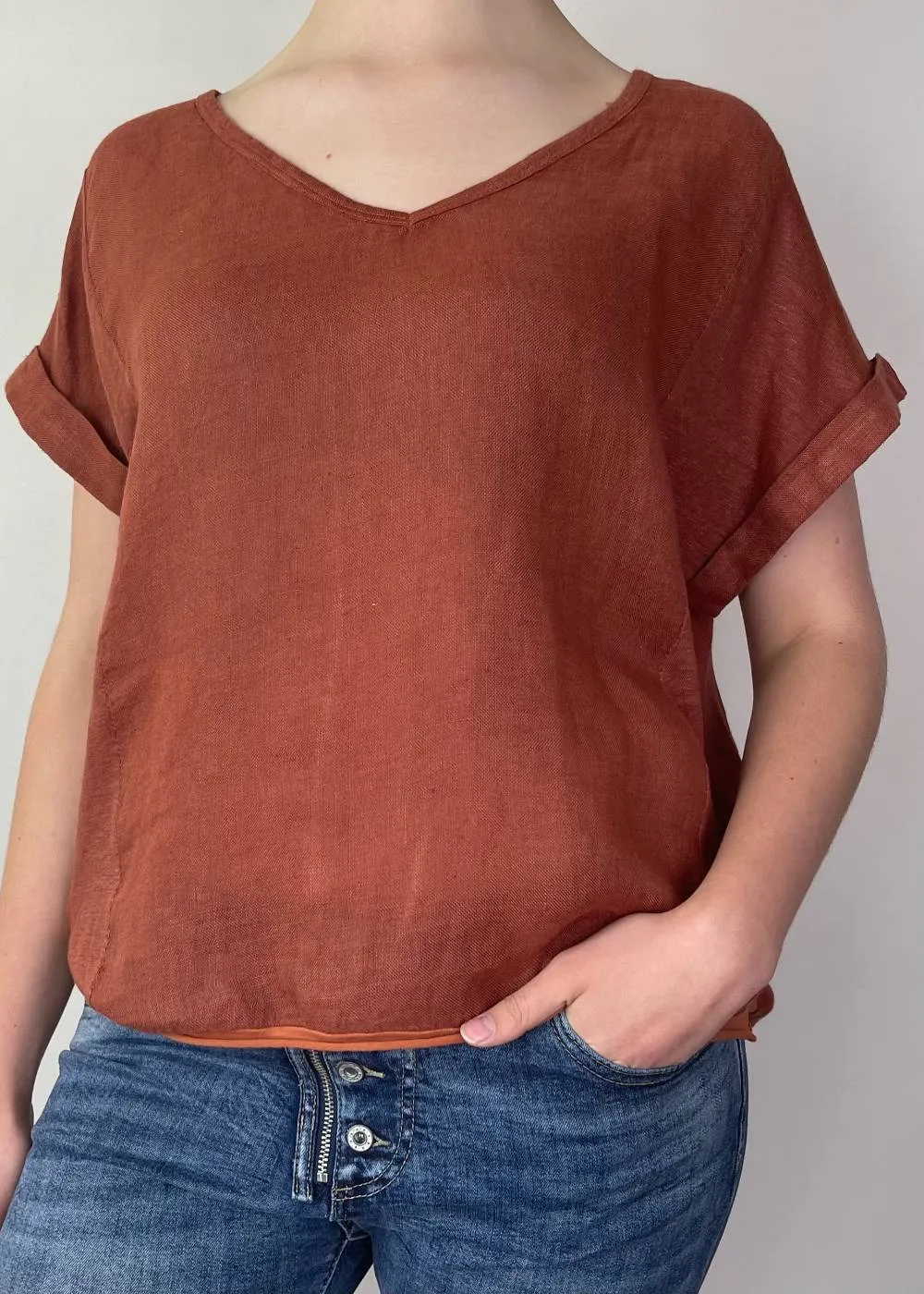 TALIA BENSON Italian Linen T-Shirt With Band One Size - Brique