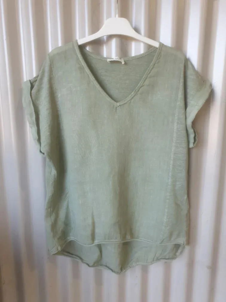 TALIA BENSON Italian Linen T-Shirt With Band One Size - Moss Green