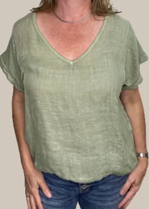 TALIA BENSON Italian Linen T-Shirt With Band One Size - Moss Green