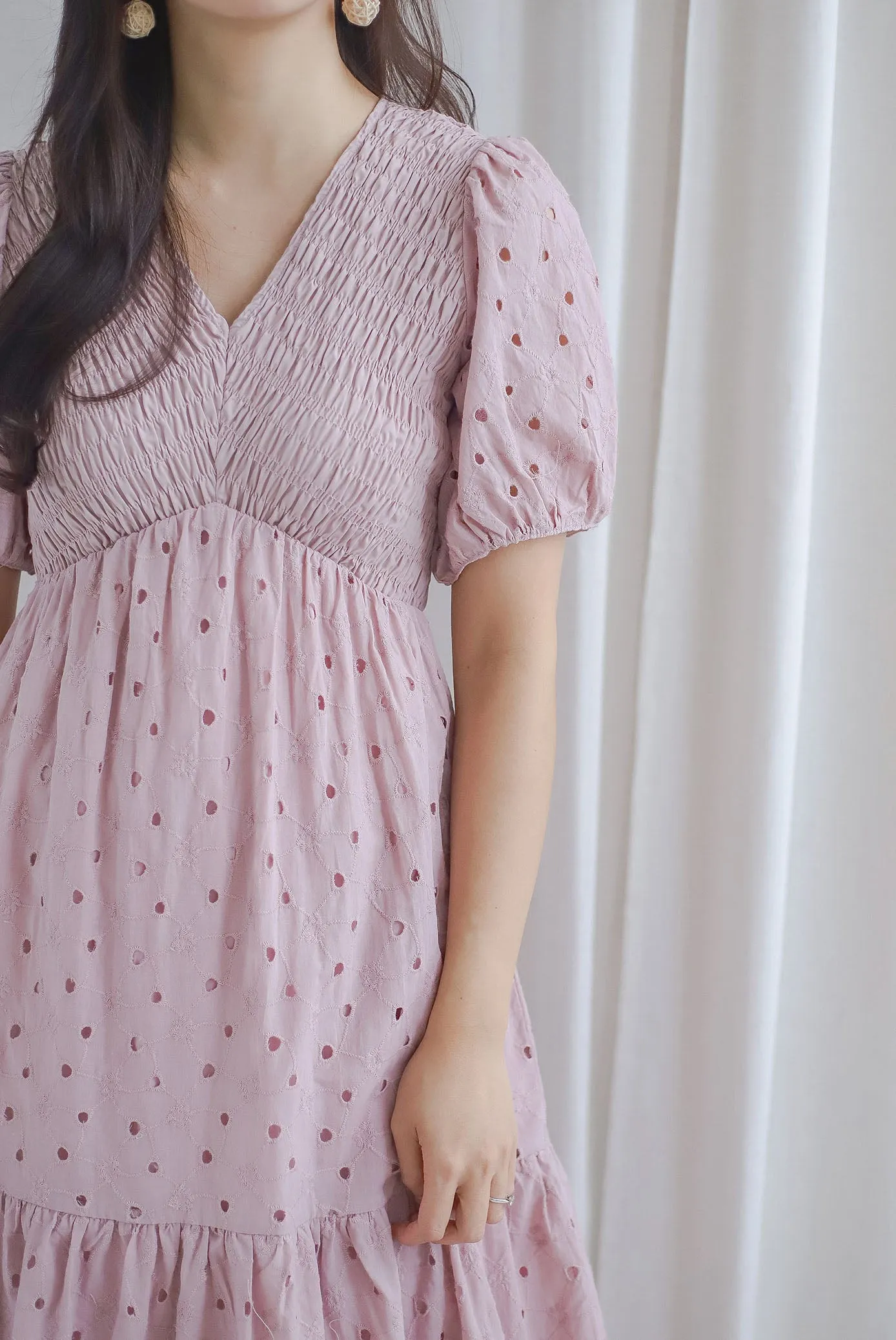 TDC Coraline Eyelet Smocked Empire Dress In Blush