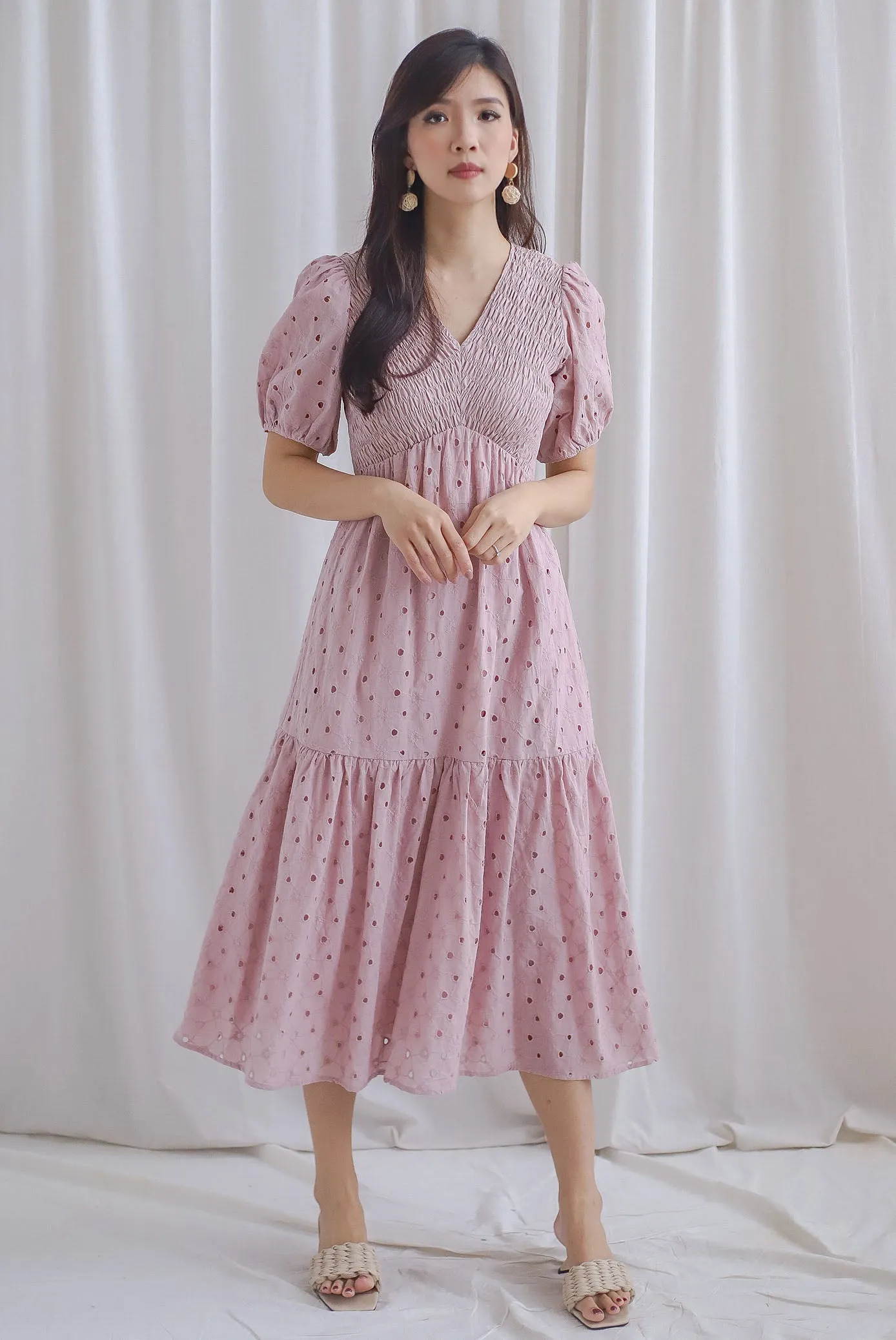 TDC Coraline Eyelet Smocked Empire Dress In Blush