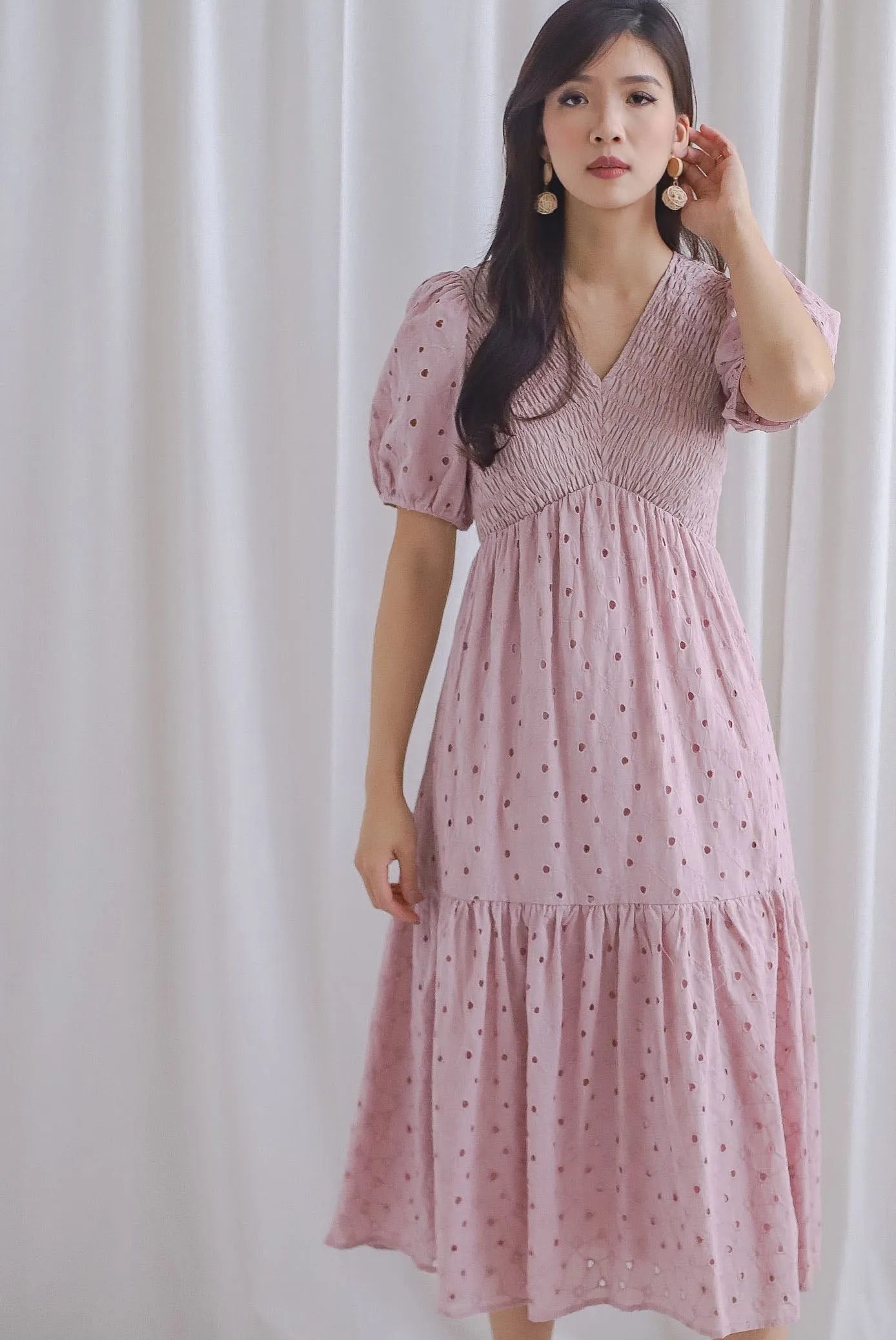 TDC Coraline Eyelet Smocked Empire Dress In Blush