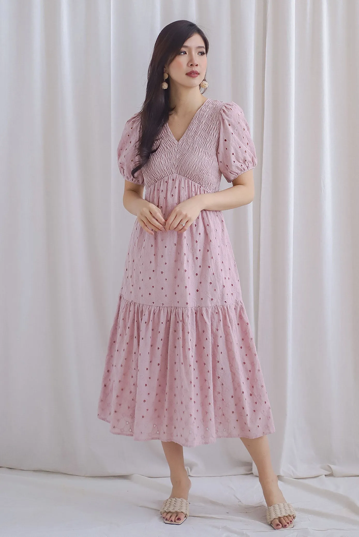 TDC Coraline Eyelet Smocked Empire Dress In Blush
