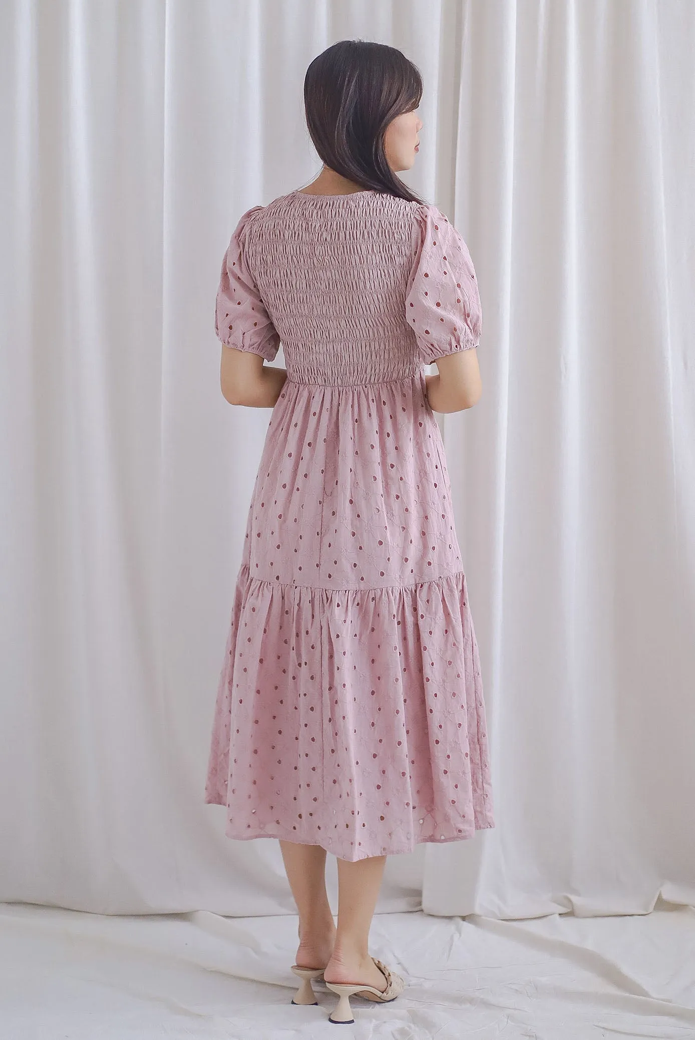 TDC Coraline Eyelet Smocked Empire Dress In Blush